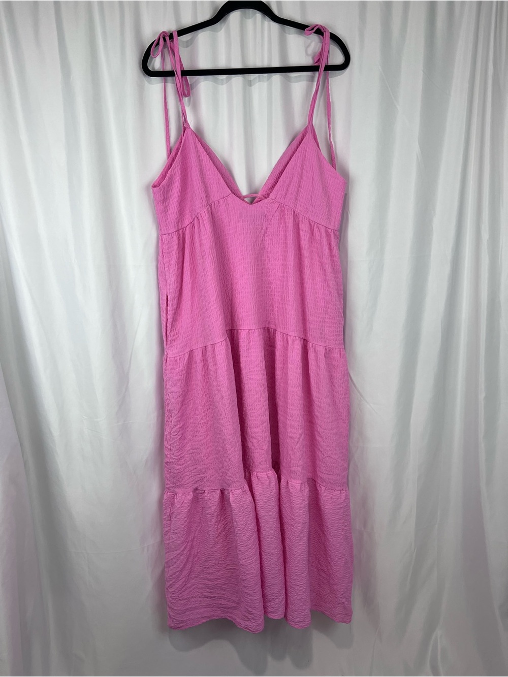 Lulu's Let the Sun Beam Pink Tie-Straps Tiered Midi Dress With Pockets - Picture 11 of 13